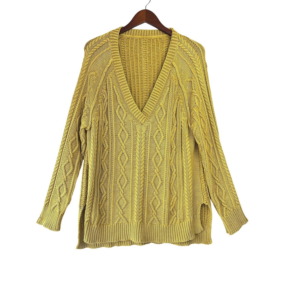 Sundance Mustard Yellow Aran Cable Knit Cotton V-Neck Oversized Sweater Tunic L